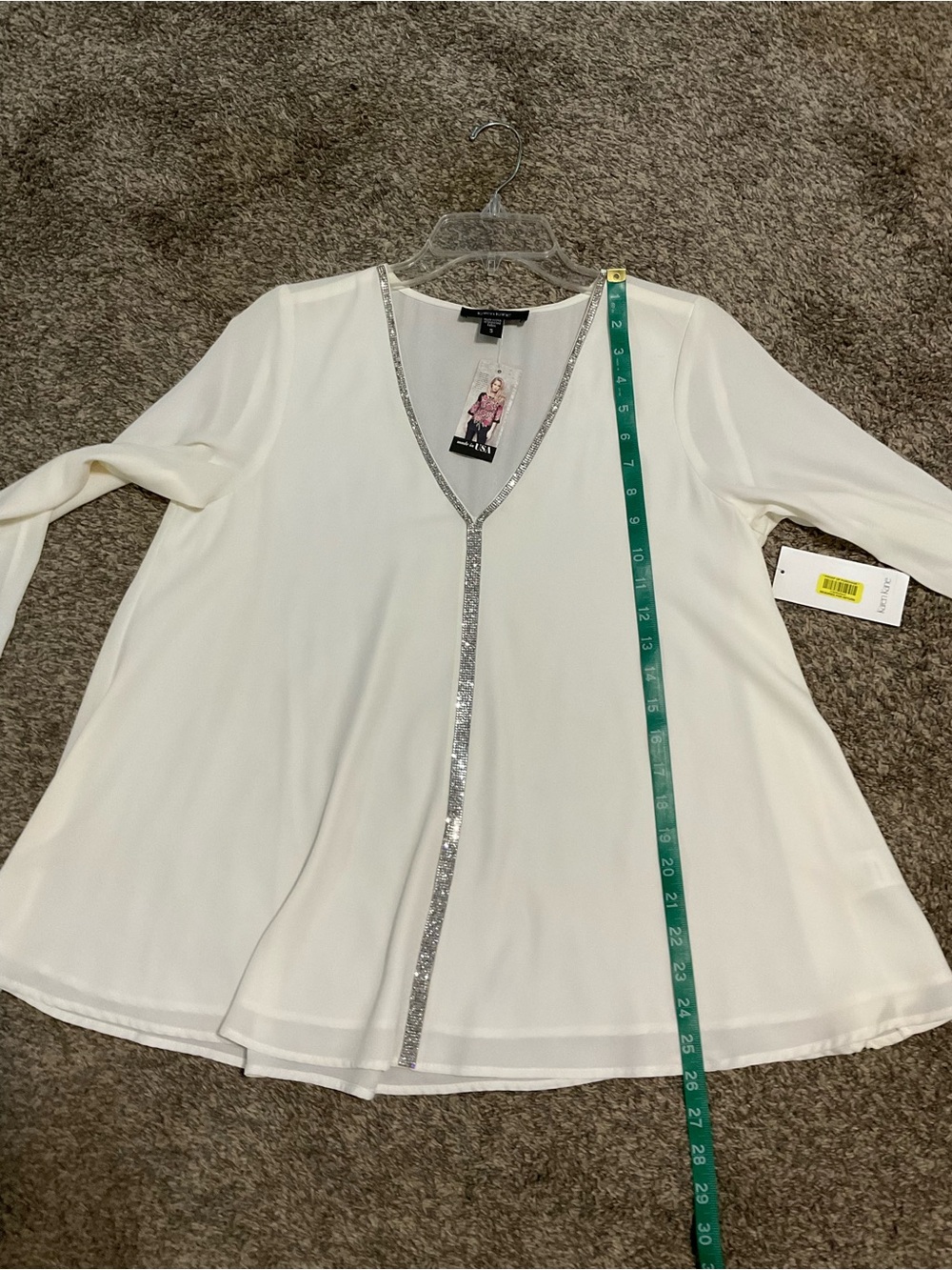 NWT Karen Kane Cream V-Neck Long Sleeve Blouse with Silver Rhinestone Trim Small - Picture 8 of 8